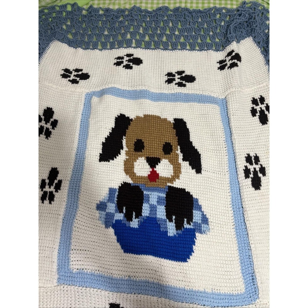 Crochet Blue White Brown Baby Blanket Afghan Handmade Puppy Dog 50x60" - Picture 2 of 10
